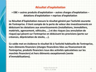 Résultat d’exploitation
= EBE + autres produits d’exploitation – autres charges d’exploitation –
dotations d’exploitation + reprises d’exploitation
Ce solde met en évidence le résultat lié à l’activité habituelle de l’entreprise,
hors éléments financiers (charges financières liées au financement de
l’entreprise, produits financiers issus des activités spéculatives sur les
marchés financiers) et hors éléments exceptionnels (vente
d’immobilisations).
Le Résultat d’Exploitation mesure le résultat généré par l’activité courante
de l’entreprise. Il tient compte de la perte de valeur des investissements en
déduisant les dotations aux amortissements (installations, immobiliers,
matériels, agencement, véhicules, …) et des risques (ou annulation de
risque) qui pèsent sur l’entreprise en déduisant les provisions (perte sur
créances, dépréciation de stocks, …).
Analyse financière S4
Prof: A. EL ATTAR
22
 