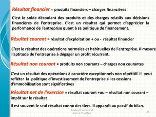 Résultat financier = produits financiers – charges financières
C’est le solde découlant des produits et des charges relatifs aux décisions
financières de l’entreprise. C’est un résultat qui permet d’apprécier la
performance de l’entreprise quant à sa politique de financement.
Analyse financière S4
Prof: A. EL ATTAR
23
Résultat courant = résultat d’exploitation + ou - résultat financier
C’est le résultat des opérations normales et habituelles de l'entreprise. Il mesure
l’aptitude de l’entreprise à dégager un profit récurrent.
Résultat non courant = produits non courants – charges non courantes
C’est un résultat des opérations à caractère exceptionnels non répétitif. Il peut
refléter la politique d’investissement de l’entreprise si les cessions
d’immobilisation sont significatives
Résultat net de l’exercice = résultat courant +ou – résultat non courant –
impôt sur le résultat
Il est souvent le seul résultat connu des tiers. Il apparaît au passif du bilan.
 