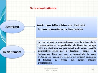 5- La sous-traitance
Justificatif
Retraitement
Avoir une idée claire sur l’activité
économique réelle de l’entreprise
Analyse financière S4
Prof: A. EL ATTAR
29
ne pas inclure la sous-traitance dans le calcul de la
consommation et la production de l’exercice, lorsque
cette sous-traitance n’a pas entraîné de valeur ajoutée
significative, créée par la structure propre de
l’entreprise. Dans ce cas, le produit de la sous-
traitance est considéré comme un produit accessoire
et figurera au niveau des autres produits
d’exploitation.
 