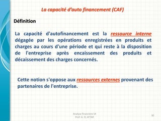 La capacité d'autofinancement est la ressource interne
dégagée par les opérations enregistrées en produits et
charges au cours d'une période et qui reste à la disposition
de l'entreprise après encaissement des produits et
décaissement des charges concernés.
Cette notion s'oppose aux ressources externes provenant des
partenaires de l'entreprise.
Définition
Analyse financière S4
Prof: A. EL ATTAR
30
La capacité d’auto financement (CAF)
 