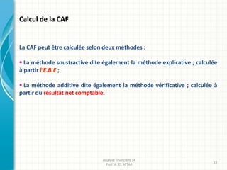 Calcul de la CAF
La CAF peut être calculée selon deux méthodes :
 La méthode soustractive dite également la méthode explicative ; calculée
à partir l’E.B.E ;
 La méthode additive dite également la méthode vérificative ; calculée à
partir du résultat net comptable.
Analyse financière S4
Prof: A. EL ATTAR
33
 