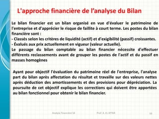 Analyse financière S4 Prof: A. EL ATTAR 59
L'approche financière de l’analyse du Bilan
Le bilan financier est un bilan organisé en vue d'évaluer le patrimoine de
l'entreprise et d'apprécier le risque de faillite à court terme. Les postes du bilan
financière sont :
- Classés selon les critères de liquidité (actif) et d'exigibilité (passif) croissantes.
- Évalués aux prix actuellement en vigueur (valeur actuelle).
Le passage du bilan comptable au bilan financier nécessite d'effectuer
différents reclassements avant de grouper les postes de l'actif et du passif en
masses homogènes
Ayant pour objectif l'évaluation du patrimoine réel de l'entreprise, l'analyse
part du bilan après affectation du résultat et travaille sur des valeurs nettes
après déduction des amortissements et des provisions pour dépréciation. La
poursuite de cet objectif explique les corrections qui doivent être apportées
au bilan fonctionnel pour obtenir le bilan financier.
 