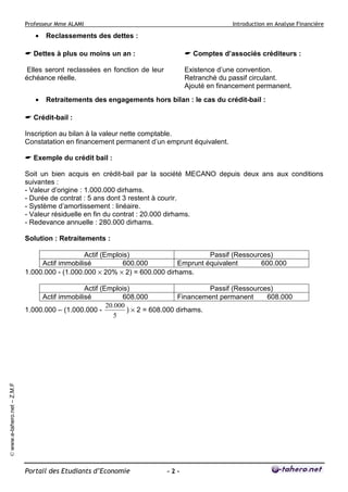 Professeur Mme ALAMI

•

Introduction en Analyse Financière

Reclassements des dettes :

Dettes à plus ou moins un an :

Comptes d’associés créditeurs :

Elles seront reclassées en fonction de leur
échéance réelle.
•

Existence d’une convention.
Retranché du passif circulant.
Ajouté en financement permanent.

Retraitements des engagements hors bilan : le cas du crédit-bail :

Crédit-bail :
Inscription au bilan à la valeur nette comptable.
Constatation en financement permanent d’un emprunt équivalent.
Exemple du crédit bail :
Soit un bien acquis en crédit-bail par la société MECANO depuis deux ans aux conditions
suivantes :
- Valeur d’origine : 1.000.000 dirhams.
- Durée de contrat : 5 ans dont 3 restent à courir.
- Système d’amortissement : linéaire.
- Valeur résiduelle en fin du contrat : 20.000 dirhams.
- Redevance annuelle : 280.000 dirhams.
Solution : Retraitements :
Actif (Emplois)
Passif (Ressources)
Actif immobilisé
600.000
Emprunt équivalent
600.000
1.000.000 - (1.000.000 × 20% × 2) = 600.000 dirhams.

© www.e-tahero.net – Z.M.F

Actif (Emplois)
Passif (Ressources)
Actif immobilisé
608.000
Financement permanent
608.000
20.000
1.000.000 – (1.000.000 ) × 2 = 608.000 dirhams.
5

Portail des Etudiants d’Economie

-2-

 