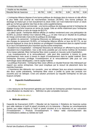 Professeur Mme ALAMI

- Impôts sur les résultats.
Résultat Net de l’exercice

Introduction en Analyse Financière

48.750

6,84

48.750

6,84

48.750

6,84

- L’entreprise Alliance dispose d’une bonne politique de stockage dans la mesure où elle affiche
le plus faible coût d’achat de marchandises vendues (30,49%). Une bonne politique de
stockage se traduit par un bon écoulement du stock initial, car il est irrationnel d’avoir un stock
gelé qui ne fait que générer des frais et des coûts supplémentaires.
- La politique de marge commerciale : une bonne politique de stockage permet à l’entreprise de
dégager la plus forte moyenne en terme de marge. Cela se vérifie notamment pour l’entreprise
Alliance qui affiche un taux de marge de 69,51%.
- La valeur ajouté : l’entreprise Alliance affiche un meilleur rendement avec une participation de
55,95% au produit intérieur brut national (PIBnational), et cela n’est qu’un résultat de la politique
de marge commerciale c'est-à-dire la politique de stockage.
- La gestion du personnel : l’entreprise Discovery se démarque en affichant le plus faible taux
des charges du personnel (19,29%), et l’entreprise Alliance affiche un taux de 42,11%, ce qui
pourrait expliquer le choix de la direction en privilégiant l’investissement dans le capital humain
et un taux d’encadrement plus important que les autres entreprises.
- Excédent brut d’exploitation : l’entreprise Discovery se démarque en affichant le plus fort taux
d’excédent brut d’exploitation. Ceci a été rendu possible par une bonne maîtrise de l’évolution
de la masse salariale. Mais l’entreprise New vision a passé un mauvais cycle d’exploitation.
- Les investissements et le renouvellement : cela peut être examiner à travers le poste
amortissement mais aussi à travers le degré d’investissement dans le capital matériel. Donc
l’entreprise Discovery privilégie l’investissement et le renouvellement (elle joue sur une
technologie assez développée), c’est le capital matériel.
- La politique financière : l’entreprise New vision affiche un résultat financier très intéressant par
rapport aux autres entreprises. Ceci peut s’explique par le recourt de placement dans les
marchés financiers.
- L’importance des éléments non courants : pour se rattraper face aux erreurs commises lors
des deux cycles précédents, l’entreprise New vision a profité du poids des produits non
courants pour se rattraper. C’est une solution provisoire sur laquelle l’entreprise ne doit pas
toujours compter.
II-

Capacité d’autofinancement :
1- Définition :

« Une ressource de financement générée par l’activité de l’entreprise pendant l’exercice, avant
toute affectation du résultat net ». Définition du plan comptable marocain.
2- Mode de calcul :

© www.e-tahero.net – Z.M.F

a- Méthode additive :
Capacité de financement (CAF) = Résultat net de l’exercice + Dotations de l’exercice autres
que celle relatives à l’actif et passif circulants et à la trésorerie – Reprise sur amortissements
(autres que celles relatives à l’actif et passif circulant et à la trésorerie) et sur subvention
d’investissement – Produits d’investissement + Valeur nette d’amortissement des
immobilisations cédées ou retirées de l’actif.

Portail des Etudiants d’Economie

-9-

 