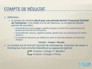 COMPTE DE RÉSULTAT
   Définition
        le compte de résultat décrit pour une période donnée (l’exercice) l’activité
         de l’entreprise. Il est établi à la fin de l’exercice. Le compte de résultat
         permet de connaître :
             l’ensemble des coûts engagés, appelés charges, au Cours d’un exercice pour les
              besoins de l’activité de l’entreprise;
             l’ensemble des revenus, appelés produits, générés par son activité pour le même
              exercice;
             le résultat de l’exercice, par différence entre le total des produits et le total des
              charges:
                                           Produits – Charges = Résultat
   Le résultat est le fruit de l’activité de l/entreprise. Il permet de savoir si
    l’entreprise s’est enrichie (bénéfice) ou appauvrie (perte) :
                                  Produits > Charges  Bénéfice
                                  Produits < Charges Perte
 