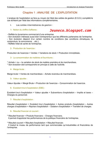 Professeur Mme ALAMI Introduction en Analyse Financière
Chapitre 1 : ANALYSE DE L’EXPLOITATION
L’analyse de l’exploitation se fera au moyen de l’état des soldes de gestion (E.S.G.) complété le
cas échéant par l’état des informations complémentaires.
I- Les soldes intermédiaires de gestion :
1- Notion du chiffre d’affaires :
- Reflète le dynamisme commercial d’une entreprise.
- Son évolution intéresse aussi bien l’entrepreneur que les différents partenaires de l’entreprise.
- Son évolution dépend d’un certain nombre de conditions (les conditions climatiques, la
conjoncture, la concurrence …etc.).
- Reflète l’état de santé de l’entreprise.
2- Production de l’exercice :
Production de l’exercice = Ventes + Variations de stock + Production immobilisée.
3- La consommation de matières et fournitures :
* Achats + ou – la variation de stock de matière première et de marchandises.
* Son évolution doit correspondre en principe à celle de l’activité.
4- Marge brute :
Marge brute = Ventes de marchandises – Achats revendus de marchandises.
5- Valeur ajoutée :
Valeur Ajoutée = Margé Brute + Production de l’exercice – Consommation de l’exercice.
6- Excédent brut d’exploitation (EBE) :
Excédent brut d’exploitation = Valeur ajoutée + Subventions d’exploitation – Impôts et taxes –
Charges du personnel.
7- Résultat d’exploitation :
Résultat d’exploitation = Excédent brut d’exploitation + Autres produits d’exploitation – Autres
charges d’exploitation + Reprise d’exploitation – Dotation d’exploitation + Transfert de charges.
8- Résultat financier et courant :
* Résultat financier = Produits financiers – Charges financiers.
Il permet d’apprécier les performances de la politique financière de l’entreprise.
* Résultat courant = Résultat d’exploitation + Résultat financier.
Il traduit le niveau de performance tant que commerciales qu’industrielles et financières de
l’entreprise.
6
Jeuneco.blogspot.com
 