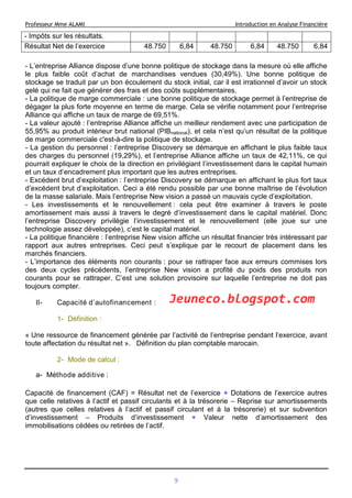 Professeur Mme ALAMI Introduction en Analyse Financière
- Impôts sur les résultats.
Résultat Net de l’exercice 48.750 6,84 48.750 6,84 48.750 6,84
- L’entreprise Alliance dispose d’une bonne politique de stockage dans la mesure où elle affiche
le plus faible coût d’achat de marchandises vendues (30,49%). Une bonne politique de
stockage se traduit par un bon écoulement du stock initial, car il est irrationnel d’avoir un stock
gelé qui ne fait que générer des frais et des coûts supplémentaires.
- La politique de marge commerciale : une bonne politique de stockage permet à l’entreprise de
dégager la plus forte moyenne en terme de marge. Cela se vérifie notamment pour l’entreprise
Alliance qui affiche un taux de marge de 69,51%.
- La valeur ajouté : l’entreprise Alliance affiche un meilleur rendement avec une participation de
55,95% au produit intérieur brut national (PIBnational), et cela n’est qu’un résultat de la politique
de marge commerciale c'est-à-dire la politique de stockage.
- La gestion du personnel : l’entreprise Discovery se démarque en affichant le plus faible taux
des charges du personnel (19,29%), et l’entreprise Alliance affiche un taux de 42,11%, ce qui
pourrait expliquer le choix de la direction en privilégiant l’investissement dans le capital humain
et un taux d’encadrement plus important que les autres entreprises.
- Excédent brut d’exploitation : l’entreprise Discovery se démarque en affichant le plus fort taux
d’excédent brut d’exploitation. Ceci a été rendu possible par une bonne maîtrise de l’évolution
de la masse salariale. Mais l’entreprise New vision a passé un mauvais cycle d’exploitation.
- Les investissements et le renouvellement : cela peut être examiner à travers le poste
amortissement mais aussi à travers le degré d’investissement dans le capital matériel. Donc
l’entreprise Discovery privilégie l’investissement et le renouvellement (elle joue sur une
technologie assez développée), c’est le capital matériel.
- La politique financière : l’entreprise New vision affiche un résultat financier très intéressant par
rapport aux autres entreprises. Ceci peut s’explique par le recourt de placement dans les
marchés financiers.
- L’importance des éléments non courants : pour se rattraper face aux erreurs commises lors
des deux cycles précédents, l’entreprise New vision a profité du poids des produits non
courants pour se rattraper. C’est une solution provisoire sur laquelle l’entreprise ne doit pas
toujours compter.
II- Capacité d’autofinancement :
1- Définition :
« Une ressource de financement générée par l’activité de l’entreprise pendant l’exercice, avant
toute affectation du résultat net ». Définition du plan comptable marocain.
2- Mode de calcul :
a- Méthode additive :
Capacité de financement (CAF) = Résultat net de l’exercice + Dotations de l’exercice autres
que celle relatives à l’actif et passif circulants et à la trésorerie – Reprise sur amortissements
(autres que celles relatives à l’actif et passif circulant et à la trésorerie) et sur subvention
d’investissement – Produits d’investissement + Valeur nette d’amortissement des
immobilisations cédées ou retirées de l’actif.
9
Jeuneco.blogspot.com
 