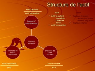 Structure de l’actif
                      Actif circulant

                     Actif immobilisé              Actif             Passif

                                               Actif circulant    Capitaux étrangers
                                                     Liquidités        Dettes court terme
                       Rapport d’                    Créances          Dettes à long terme
                     investissement                  Stock        Capitaux propres
                                               Actif immobilisé




                        Investis-
                        sements



      Intensité de                      Intensité de
         l’actif                           l’actif
       immobilisé                         circulant




Actif immobilisé                          Actif circulant

     Actif                                     Actif
 