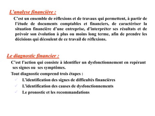 L’analyse financière :
C’est un ensemble de réflexions et de travaux qui permettent, à partir de
l’étude de documents comptables et financiers, de caractériser la
situation financière d’une entreprise, d’interpréter ses résultats et de
prévoir son évolution à plus ou moins long terme, afin de prendre les
décisions qui découlent de ce travail de réflexions.
Le diagnostic financier :
C’est l’action qui consiste à identifier un dysfonctionnement en repérant
ses signes ou ses symptômes.
Tout diagnostic comprend trois étapes :
 L’identification des signes de difficultés financières
 L’identification des causes de dysfonctionnements
 Le pronostic et les recommandations
 