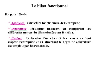 Le bilan fonctionnel
Il a pour rôle de :
 Apprécier la structure fonctionnelle de l’entreprise
 Déterminer l’équilibre financier, en comparant les
différentes masses du bilan classées par fonction.
 Evaluer les besoins financiers et les ressources dont
dispose l’entreprise et en observant le degré de couverture
des emplois par les ressources.
 