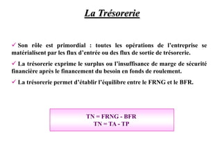 La Trésorerie
 Son rôle est primordial : toutes les opérations de l’entreprise se
matérialisent par les flux d’entrée ou des flux de sortie de trésorerie.
 La trésorerie exprime le surplus ou l’insuffisance de marge de sécurité
financière après le financement du besoin en fonds de roulement.
 La trésorerie permet d’établir l’équilibre entre le FRNG et le BFR.
TN = FRNG - BFR
TN = TA - TP
 