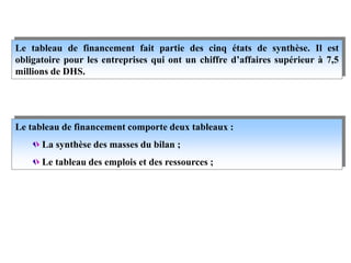 Le tableau de financement fait partie des cinq états de synthèse. Il est
obligatoire pour les entreprises qui ont un chiffre d’affaires supérieur à 7,5
millions de DHS.
Le tableau de financement comporte deux tableaux :
La synthèse des masses du bilan ;
Le tableau des emplois et des ressources ;
 