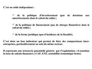 C’est un solde indépendant :
 de la politique d'investissement
amortissements dans le calcul du solde) ;

(pas

de

dotations

aux

 de la politique de financement (pas de charges financières dans le
calcul du solde) ;
 de la forme juridique (pas d'incidence de la fiscalité).
C’est donc un bon indicateur qui permet de faire des comparaisons interentreprises, particulièrement au sein du même secteur.
Il représente une trésorerie potentielle générée par l’exploitation ; il constitue
la base de calculs financiers ( CAF, ETE, rentabilité économique brute)

 