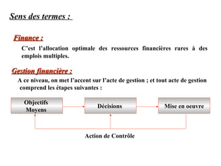 Sens des termes :
Finance :
C’est l’allocation optimale des ressources financières rares à des
emplois multiples.

Gestion financière :
A ce niveau, on met l’accent sur l’acte de gestion ; et tout acte de gestion
comprend les étapes suivantes :
Objectifs
Moyens

Décisions

Action de Contrôle

Mise en oeuvre

 