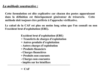 La méthode soustractive :
Cette formulation est dite explicative car chacun des postes apparaissant
dans la définition est théoriquement générateur de trésorerie. Cette
méthode doit toujours être préférée à l'approche vérificative.
Le calcul de la CAF est plus ou moins long selon que l'on connaît ou non
l'excédent brut d'exploitation (EBE).
Excédent brut d’exploitation (EBE)
+ Transferts de charges d’exploitation
+ Autres produits d’exploitation
- Autres charges d’exploitation
+ Produits financiers
- Charges financières
+ Produits non courants
- Charges non courantes
- impôts sur les bénéfices
= CAF

 