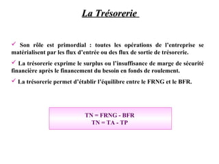 La Trésorerie
 Son rôle est primordial : toutes les opérations de l’entreprise se
matérialisent par les flux d’entrée ou des flux de sortie de trésorerie.
 La trésorerie exprime le surplus ou l’insuffisance de marge de sécurité
financière après le financement du besoin en fonds de roulement.
 La trésorerie permet d’établir l’équilibre entre le FRNG et le BFR.

TN = FRNG - BFR
TN = TA - TP

 