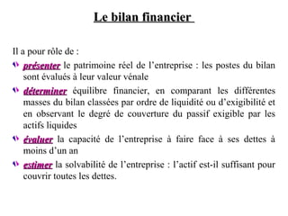 Le bilan financier
Il a pour rôle de :
présenter le patrimoine réel de l’entreprise : les postes du bilan
sont évalués à leur valeur vénale
déterminer équilibre financier, en comparant les différentes
masses du bilan classées par ordre de liquidité ou d’exigibilité et
en observant le degré de couverture du passif exigible par les
actifs liquides
évaluer la capacité de l’entreprise à faire face à ses dettes à
moins d’un an
estimer la solvabilité de l’entreprise : l’actif est-il suffisant pour
couvrir toutes les dettes.

 