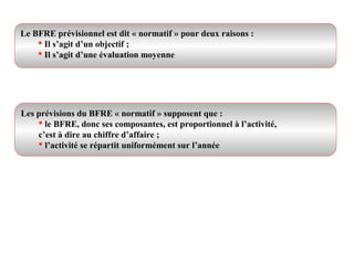 Le BFRE prévisionnel est dit « normatif » pour deux raisons :
 Il s’agit d’un objectif ;
 Il s’agit d’une évaluation moyenne

Les prévisions du BFRE « normatif » supposent que :
 le BFRE, donc ses composantes, est proportionnel à l’activité,
c’est à dire au chiffre d’affaire ;
 l’activité se répartit uniformément sur l’année

 