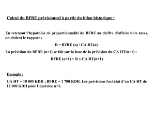 Calcul du BFRE prévisionnel à partir du bilan historique :
En retenant l’hypothèse de proportionnalité du BFRE au chiffre d’affaire hors taxes,
on obtient le rapport :
R = BFRE (n) / CA HT(n)
La prévision du BFRE (n+1) se fait sur la base de la prévision du CA HT(n+1) :
BFRE (n+1) = R x CA HT(n+1)

Exemple :
CA HT = 10 000 KDH ; BFRE = 1 700 KDH. Les prévisions font état d’un CA HT de
12 000 KDH pour l’exercice n+1.

 