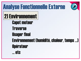 Analyse Fonctionnelle Externe2) EnvironnementCapot moteurTraverseUsager finalEnvironnement (humidité, chaleur, temps …)Opérateur… etc
