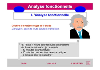 CEP Systèmes
PT/PT/P3.06464/01/R/129/0 - Page 15
15CPPM S. BEURTHEYJuin 2010
Analyse fonctionnelleAnalyse fonctionnelle
L ’analyse fonctionnelle
Décrire le système objet de l ’étude
L'analyse : base de toute solution et décision.
"Si j'avais 1 heure pour résoudre un problème
dont ma vie dépende , je passerais :
- 40 minutes pour l'analyser
- 15 minutes pour en faire la revue critique
- 5 minutes pour le résoudre "
 