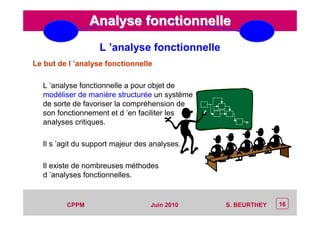 CEP Systèmes
PT/PT/P3.06464/01/R/129/0 - Page 16
16CPPM S. BEURTHEYJuin 2010
Analyse fonctionnelleAnalyse fonctionnelle
Le but de l ’analyse fonctionnelle
L ’analyse fonctionnelle a pour objet de
modéliser de manière structurée un système
de sorte de favoriser la compréhension de
son fonctionnement et d ’en faciliter les
analyses critiques.
Il s ’agit du support majeur des analyses.
Il existe de nombreuses méthodes
d ’analyses fonctionnelles.
L ’analyse fonctionnelle
 