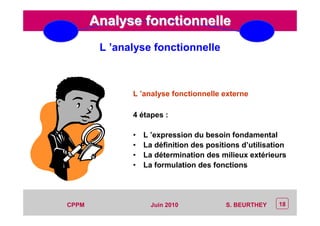 CEP Systèmes
PT/PT/P3.06464/01/R/129/0 - Page 18
18CPPM S. BEURTHEYJuin 2010
Analyse fonctionnelleAnalyse fonctionnelle
L ’analyse fonctionnelle externe
4 étapes :
• L ’expression du besoin fondamental
• La définition des positions d’utilisation
• La détermination des milieux extérieurs
• La formulation des fonctions
L ’analyse fonctionnelle
 