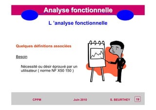 CEP Systèmes
PT/PT/P3.06464/01/R/129/0 - Page 19
19CPPM S. BEURTHEYJuin 2010
Analyse fonctionnelleAnalyse fonctionnelle
Quelques définitions associées
Besoin
Nécessité ou désir éprouvé par un
utilisateur ( norme NF X50 150 )
L ’analyse fonctionnelle
 