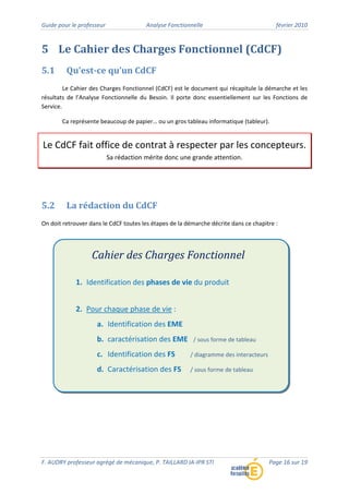 Guide pour le professeur Analyse Fonctionnelle février 2010
F. AUDRY professeur agrégé de mécanique, P. TAILLARD IA‐IPR STI Page 16 sur 19
5 Le Cahier des Charges Fonctionnel (CdCF)
5.1 Qu’est­ce qu’un CdCF
Le Cahier des Charges Fonctionnel (CdCF) est le document qui récapitule la démarche et les
résultats de l’Analyse Fonctionnelle du Besoin. Il porte donc essentiellement sur les Fonctions de
Service.
Ca représente beaucoup de papier… ou un gros tableau informatique (tableur).
Le CdCF fait office de contrat à respecter par les concepteurs.
Sa rédaction mérite donc une grande attention.
5.2 La rédaction du CdCF
On doit retrouver dans le CdCF toutes les étapes de la démarche décrite dans ce chapitre :
1. Identification des phases de vie du produit
2. Pour chaque phase de vie :
a. Identification des EME
b. caractérisation des EME / sous forme de tableau
c. Identification des FS / diagramme des interacteurs
d. Caractérisation des FS / sous forme de tableau
Cahier des Charges Fonctionnel
 