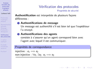 Analyse
formelle des
protocoles
cryptogra-
phiques
Larbaoui lotﬁ
Protocoles
cryptogra-
phiques
Repr´esentation
formelle :
Message ;
Protocole ;
Attaquant
V´eriﬁcation
des protocoles
π-calcul
appliqu´e
Example :
handshake
protocol
ProVerif
V´eriﬁcation des protocoles
Propri´et´es de s´ecurit´e
Authentiﬁcation est interpr´et´ee de plusieurs fa¸cons
diﬀ´erentes :
1 Authentiﬁcations de message
Un message est authentiﬁ´e s’il est bien tel que l’exp´editeur
l’a envoy´e.
2 Authentiﬁcations des agents
consiste `a s’assurer qu’un agent correspond bien avec
l’agent avec lequel il est communiquer.
Propri´et´es de correspondance
injective : e1 =⇒ e2
non-injective : ∀e1 ∃e2 e1 =⇒ e2
 