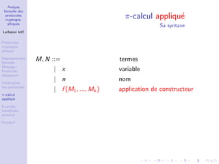 Analyse
formelle des
protocoles
cryptogra-
phiques
Larbaoui lotﬁ
Protocoles
cryptogra-
phiques
Repr´esentation
formelle :
Message ;
Protocole ;
Attaquant
V´eriﬁcation
des protocoles
π-calcul
appliqu´e
Example :
handshake
protocol
ProVerif
π-calcul appliqu´e
Sa syntaxe
M, N ::= termes
| x variable
| n nom
| f (M1, ..., Mk) application de constructeur
 