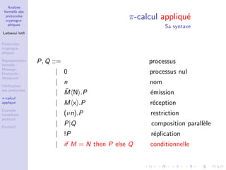 Analyse
formelle des
protocoles
cryptogra-
phiques
Larbaoui lotﬁ
Protocoles
cryptogra-
phiques
Repr´esentation
formelle :
Message ;
Protocole ;
Attaquant
V´eriﬁcation
des protocoles
π-calcul
appliqu´e
Example :
handshake
protocol
ProVerif
π-calcul appliqu´e
Sa syntaxe
P, Q ::= processus
| 0 processus nul
| n nom
| ¯M N .P ´emission
| M x .P r´eception
| (νn).P restriction
| P|Q composition parall`ele
| !P r´eplication
| if M = N then P else Q conditionnelle
 