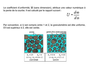 Le coefficient d’uniformité, U (sans dimension), attribue une valeur numérique à
la pente de la courbe. Il est calculé par le rapport suivant :

Par convention, si U est compris entre 1 et 2, la granulométrie est dite uniforme.
S’il est supérieur à 2, elle est variée.

 