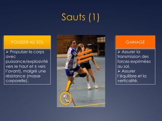 Sauts (1)
POUSSER AU SOL
Ø Propulser le corps
avec
puissance/explosivité
vers le haut et ± vers
l’avant), malgré une
résistance (masse
corporelle),
GAINAGE
Ø Assurer la
transmission des
forces exprimées
au sol,
Ø Assurer
l’équilibre et la
verticalité.
 