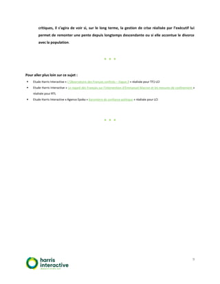 9
critiques, il s’agira de voir si, sur le long terme, la gestion de crise réalisée par l’exécutif lui
permet de remonter une pente depuis longtemps descendante ou si elle accentue le divorce
avec la population.
* * *
Pour aller plus loin sur ce sujet :
▪ Etude Harris Interactive « L’Observatoire des Français confinés – Vague 3 » réalisée pour TF1-LCI
▪ Etude Harris Interactive « Le regard des Français sur l’intervention d’Emmanuel Macron et les mesures de confinement »
réalisée pour RTL
▪ Etude Harris Interactive x Agence Epoka « Baromètre de confiance politique » réalisée pour LCI
* * *
 