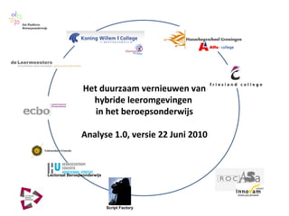 Het duurzaam vernieuwen van
hybride leeromgevingen
in het beroepsonderwijs
Analyse 1.0, versie 22 Juni 2010
Lectoraat Beroepsonderwijs
Script Factory
 