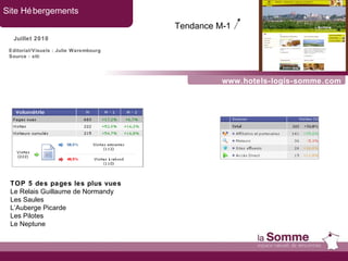 www.hotels-logis-somme.com Site Hébergements Juillet 2010 Editorial/Visuels : Julie Warembourg Source : xiti TOP 5 des pages les plus vues Le Relais Guillaume de Normandy Les Saules L’Auberge Picarde Les Pilotes Le Neptune Tendance M-1   