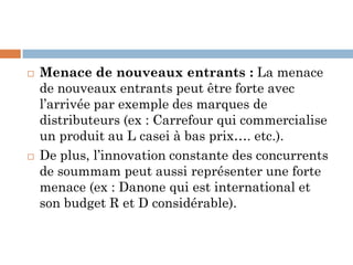  Menace de nouveaux entrants : La menace
de nouveaux entrants peut être forte avec
l’arrivée par exemple des marques de
distributeurs (ex : Carrefour qui commercialise
un produit au L casei à bas prix…. etc.).
 De plus, l’innovation constante des concurrents
de soummam peut aussi représenter une forte
menace (ex : Danone qui est international et
son budget R et D considérable).
 