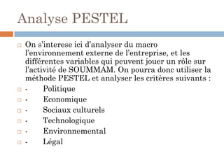 Analyse PESTEL
 On s’interese ici d’analyser du macro
l’environnement externe de l’entreprise, et les
différentes variables qui peuvent jouer un rôle sur
l’activité de SOUMMAM. On pourra donc utiliser la
méthode PESTEL et analyser les critères suivants :
 - Politique
 - Economique
 - Sociaux culturels
 - Technologique
 - Environnemental
 - Légal
 