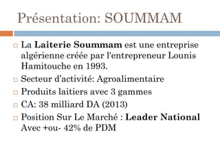 Présentation: SOUMMAM
 La Laiterie Soummam est une entreprise
algérienne créée par l'entrepreneur Lounis
Hamitouche en 1993.
 Secteur d’activité: Agroalimentaire
 Produits laitiers avec 3 gammes
 CA: 38 milliard DA (2013)
 Position Sur Le Marché : Leader National
Avec +ou- 42% de PDM
 