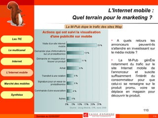 L'Internet mobile : Quel terrain pour le marketing ?  La M-Pub dope le trafic des sites Wap   A quels retours les annonceurs peuvent-ils s'attendre en investissant sur le média mobile ? La M-Pub génère notamment du trafic sur le site Internet mobile de l'annonceur et suscite suffisamment l'intérêt du consommateur pour que celui-ci se renseigne sur le produit promu, voire se déplace en magasin pour découvrir le produit.   