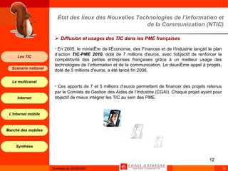 État des lieux des Nouvelles Technologies de l’Information et de la Communication (NTIC) Diffusion et usages des TIC dans les PME françaises   En 2005, le ministère de l’Économie, des Finances et de l’Industrie lançait le plan d’action  TIC-PME 2010 , doté de 7 millions d'euros, avec l'objectif de renforcer la compétitivité des petites entreprises françaises grâce à un meilleur usage des technologies de l’information et de la communication. Le deuxième appel à projets, doté de 5 millions d'euros, a été lancé fin 2006. Ces apports de 7 et 5 millions d’euros permettent de financer des projets retenus par le Comités de Gestion des Aides de l’Industrie (CGAI).   Chaque projet ayant pour objectif de mieux intégrer les TIC au sein des PME. 
