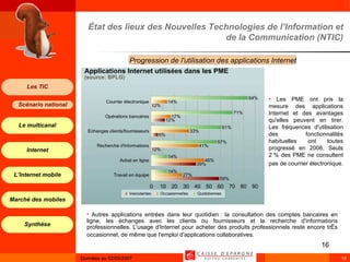 État des lieux des Nouvelles Technologies de l’Information et de la Communication (NTIC) Progression de l'utilisation des applications Internet Les PME ont pris la mesure des applications Internet et des avantages qu'elles peuvent en tirer. Les fréquences d'utilisation des fonctionnalités habituelles ont toutes progressé en 2006. Seuls 2 % des PME ne consultent pas de courrier électronique.   Autres applications entrées dans leur quotidien : la consultation des comptes bancaires en ligne, les échanges avec les clients ou fournisseurs et la recherche d'informations professionnelles. L'usage d'Internet pour acheter des produits professionnels reste encore très occasionnel, de même que l'emploi d'applications collaboratives.   