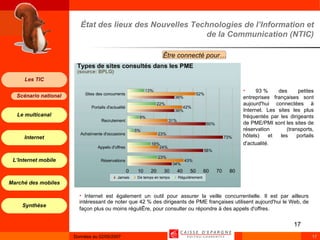 État des lieux des Nouvelles Technologies de l’Information et de la Communication (NTIC) Être connecté pour… 93 % des petites entreprises françaises sont aujourd'hui connectées à Internet. Les sites les plus fréquentés par les dirigeants de PME/PMI sont les sites de réservation (transports, hôtels) et les portails d'actualité.   Internet est également un outil pour assurer la veille concurrentielle. Il est par ailleurs intéressant de noter que 42 % des dirigeants de PME françaises utilisent aujourd'hui le Web, de façon plus ou moins régulière, pour consulter ou répondre à des appels d'offres.   
