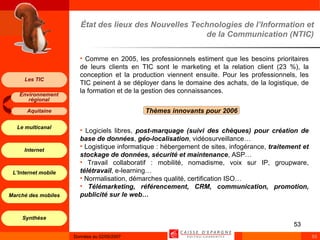 État des lieux des Nouvelles Technologies de l’Information et de la Communication (NTIC) Comme en 2005, les professionnels estiment que les besoins prioritaires de leurs clients en TIC sont le marketing et la relation client (23 %), la conception et la production viennent ensuite. Pour les professionnels, les TIC peinent à se déployer dans le domaine des achats, de la logistique, de la formation et de la gestion des connaissances. Logiciels libres,  post-marquage (suivi des chèques) pour création de base de données ,  géo-localisation , vidéosurveillance… Logistique informatique : hébergement de sites, infogérance,  traitement et stockage de données, sécurité et maintenance , ASP… Travail collaboratif : mobilité, nomadisme, voix sur IP, groupware,  télétravail , e-learning… Normalisation, démarches qualité, certification ISO… Télémarketing, référencement, CRM, communication, promotion, publicité sur le web… Thèmes innovants pour 2006  