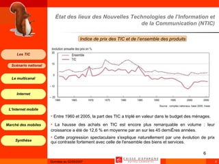 État des lieux des Nouvelles Technologies de l’Information et de la Communication (NTIC) Source : comptes nationaux, base 2000, Insee Entre 1960 et 2005, la part des TIC a triplé en valeur dans le budget des ménages. La hausse des achats en TIC est encore plus remarquable en volume : leur croissance a été de 12,6 % en moyenne par an sur les 45 dernières années. Cette progression spectaculaire s'explique naturellement par une évolution de prix qui contraste fortement avec celle de l'ensemble des biens et services. Indice de prix des TIC et de l’ensemble des produits  