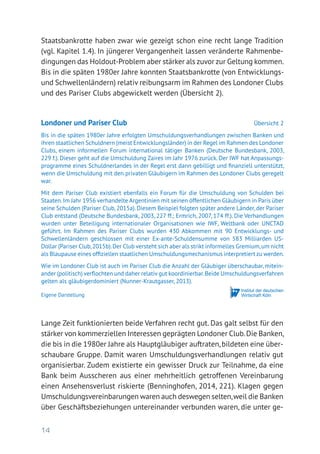 14
Staatsbankrotte haben zwar wie gezeigt schon eine recht lange Tradition
(vgl. Kapitel 1.4). In jüngerer Vergangenheit lassen veränderte Rahmenbe-
dingungen das Holdout-Problem aber stärker als zuvor zur Geltung kommen.
Bis in die späten 1980er Jahre konnten Staatsbankrotte (von Entwicklungs-
und Schwellenländern) relativ reibungsarm im Rahmen des Londoner Clubs
und des Pariser Clubs abgewickelt werden (Übersicht 2).
Lange Zeit funktionierten beide Verfahren recht gut. Das galt selbst für den
stärker von kommerziellen Interessen geprägten Londoner Club.Die Banken,
die bis in die 1980er Jahre als Hauptgläubiger auftraten,bildeten eine über-
schaubare Gruppe. Damit waren Umschuldungsverhandlungen relativ gut
organisierbar. Zudem existierte ein gewisser Druck zur Teilnahme, da eine
Bank beim Ausscheren aus einer mehrheitlich getroffenen Vereinbarung
einen Ansehensverlust riskierte (Benninghofen, 2014, 221). Klagen gegen
Umschuldungsvereinbarungen waren auch deswegen selten,weil die Banken
über Geschäftsbeziehungen untereinander verbunden waren, die unter ge-
Londoner und Pariser Club	 Übersicht 2
Bis in die späten 1980er Jahre erfolgten Umschuldungsverhandlungen zwischen Banken und
ihren staatlichen Schuldnern (meist Entwicklungsländer) in der Regel im Rahmen des Londoner
Clubs, einem informellen Forum international tätiger Banken (Deutsche Bundesbank, 2003,
229 f.). Dieser geht auf die Umschuldung Zaires im Jahr 1976 zurück. Der IWF hat Anpassungs-
programme eines Schuldnerlandes in der Regel erst dann gebilligt und finanziell unterstützt,
wenn die Umschuldung mit den privaten Gläubigern im Rahmen des Londoner Clubs geregelt
war.
Mit dem Pariser Club existiert ebenfalls ein Forum für die Umschuldung von Schulden bei
Staaten.Im Jahr 1956 verhandelte Argentinien mit seinen öffentlichen Gläubigern in Paris über
seine Schulden (Pariser Club, 2015a). Diesem Beispiel folgten später andere Länder, der Pariser
Club entstand (Deutsche Bundesbank, 2003, 227 ff.; Ermrich, 2007, 174 ff.). Die Verhandlungen
wurden unter Beteiligung internationaler Organisationen wie IWF, Weltbank oder UNCTAD
geführt. Im Rahmen des Pariser Clubs wurden 430 Abkommen mit 90 Entwicklungs- und
Schwellenländern geschlossen mit einer Ex-ante-Schuldensumme von 583 Milliarden US-
Dollar (Pariser Club,2015b).Der Club versteht sich aber als strikt informelles Gremium,um nicht
als Blaupause eines offiziellen staatlichen Umschuldungsmechanismus interpretiert zu werden.
Wie im Londoner Club ist auch im Pariser Club die Anzahl der Gläubiger überschaubar, mitein­
ander (politisch) verflochten und daher relativ gut koordinierbar.Beide Umschuldungsverfahren
gelten als gläubigerdominiert (Nunner-Krautgasser, 2013).
Eigene Darstellung
 