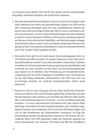 28
mic Advisory Group (EEAG, 2011, 84 ff.). Drei Stufen werden unterschieden:
Illiquidität, drohende Insolvenz und tatsächliche Insolvenz.
•	 Die erste Stufe betrifft eine Situation,in der ein Land seine Schulden nicht
mehr bedienen kann. Wenn die garantierenden Staaten, die EZB und der
IWF einstimmig bestätigen, dass nur eine Liquiditätskrise besteht, be-
kommt das Land kurzfristige Kredite des ESM mit einer maximalen Lauf-
zeit von zwei Jahren,um die in dieser Periode fälligen Schulden bedienen
zu können und um fiskalische Defizite zu finanzieren,allerdings begrenzt
auf die durch den reformierten Stabilitäts- und Wachstumspakt vorgege-
benen Grenzen.Wenn es dem Land nach dieser zweijährigen Periode nicht
gelingt,an den Finanzmarkt zurückzukehren,muss ein Insolvenzverfahren
wie in der zweiten Stufe ausgelöst werden.
•	 Die zweite Stufe gilt für ein Land, dessen Verschuldungsquote mehr als
120 Prozent des BIP ausmacht. Ein solcher Staat kann nicht mehr auf Il-
liquidität plädieren,sondern muss eine drohende („impending“) Insolvenz
anmelden.Im Fall der drohenden Insolvenz gilt,dass das betreffende Land
innerhalb von zwei Monaten auf der Basis von Umschuldungsklauseln
(vgl. Kapitel 4.2) im Rahmen einer Marktlösung ein Schuldenerleichte-
rungsprogramm mit seinen Gläubigern aushandeln muss, allerdings nur
für die bald fällig werdenden Staatsanleihen. Der ESM kann hier mit
kurzfristigen Krediten für laufende Staatsaktivitäten helfen (Cash
­Advances).
•	 Kommt es nicht zu einer Einigung, wird der dritte Schritt des Krisenme-
chanismus aktiviert.Die neue Verhandlungsperiode ist ebenfalls auf zwei
Monate begrenzt. Jetzt nehmen auch Vertreter des ESM, der EZB und des
IWF an den Verhandlungen teil. Es kommt – nur für die fällig werdenden
Anleihen – zu einem automatischen Schuldenschnitt, über dessen Höhe
allerdings verhandelt wird. Die Schuldenreduktion soll innerhalb vorge-
gebener Grenzen von mindestens 20 und maximal 50 Prozent liegen und
sich an den Marktwerten der Staatsanleihen orientieren. Im Zuge der
Umschuldung werden die getauschten Anleihen zu 80 Prozent des ver-
ringerten Werts vom ESM garantiert, wobei die Garantien generell auf
einen Schuldenwert von maximal 30 Prozent des BIP des betroffenen
 