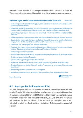 43
Darüber hinaus werden auch einige Elemente der in Kapitel 3 erläuterten
Vorschläge mit einbezogen.Übersicht 6 fasst dieseAnforderungenzusammen.
4.2	 Ansatzpunkte im Rahmen des ESM
Mit dem Europäischen Stabilitätsmechanismus wurden einige Mechanismen
geschaffen, die Teil eines staatlichen Insolvenzverfahrens sein können. Von
den ursprünglichen Plänen,im ESM einen echten Insolvenzmechanismus zu
verankern, blieb man aber weit entfernt (SVR, 2013, Tz. 274). Das mag rück-
blickend auf die Zeit der akuten Krise, als der ESM konzipiert wurde, ver-
ständlich erscheinen. Doch sollte es bei dieser Teillösung nicht dauerhaft
bleiben.
Anforderungen an ein Staatsinsolvenzverfahren im Euroraum 	 Übersicht 6
•	 Vermeidung einer Insolvenzverschleppung, aber auch einer zu frühzeitigen Auslösung eines
Staatsinsolvenzverfahrens
•	 Minderung der Gefahr eines Rush to the Exit (und damit einer vorgelagerten Staatsfinanzie-
rungskrise bei verschlechterten ökonomischen und fiskalischen Rahmenbedingungen)
•	 Unterscheidung zwischen Insolvenz und Illiquidität – Insolvenzverfahren verpflichtend bei
Insolvenz
•	 Minderung möglicher Ansteckungseffekte auf Staatsanleihen und Banken anderer Euroländer
•	 Glaubwürdige Insolvenzdrohung,um No-Bailout-Klausel Geltung zu verschaffen,Disziplinie-
rungsfunktion der Finanzmärkte zu stärken und Transferunion zu verhindern
•	 Effektivität und Schnelligkeit des Insolvenzverfahrens
•	 Erzielung eines fairen Interessenausgleichs zwischen Gläubigern und Schuldnern und inner-
halb der Gläubigergemeinschaft sowie Schutz öffentlicher Gläubiger
•	 Vermeidung eines Vertragsbruchs
•	 Schaffung von Rechtssicherheit für einen wirtschaftlichen Neuanfang des Schuldnerlandes
•	 Eindämmung von Holdout-Strategien
•	 Gewährleistung grundlegender Staatsfunktionen
•	 Minderung der ökonomischen und finanziellen Folgewirkungen einer Staatsinsolvenz
•	 Gewährleistung einer zügigen Rückkehr an den Finanzmarkt zu vertretbaren Finanzierungs-
konditionen
•	 Begrenzung der finanziellen Risiken für Hilfsgeber
•	 Vermeidung fiskalpolitischer Fehlanreize durch zu leichte Entschuldungsmöglichkeit
Eigene Darstellung
 