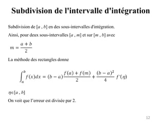 12
Subdivision de l'intervalle d'intégration
Subdivision de [a , b] en des sous-intervalles d'intégration.
Ainsi, pour deux sous-intervalles [a , m] et sur [m , b] avec
La méthode des rectangles donne
[a , b]
On voit que l’erreur est divisée par 2.
 